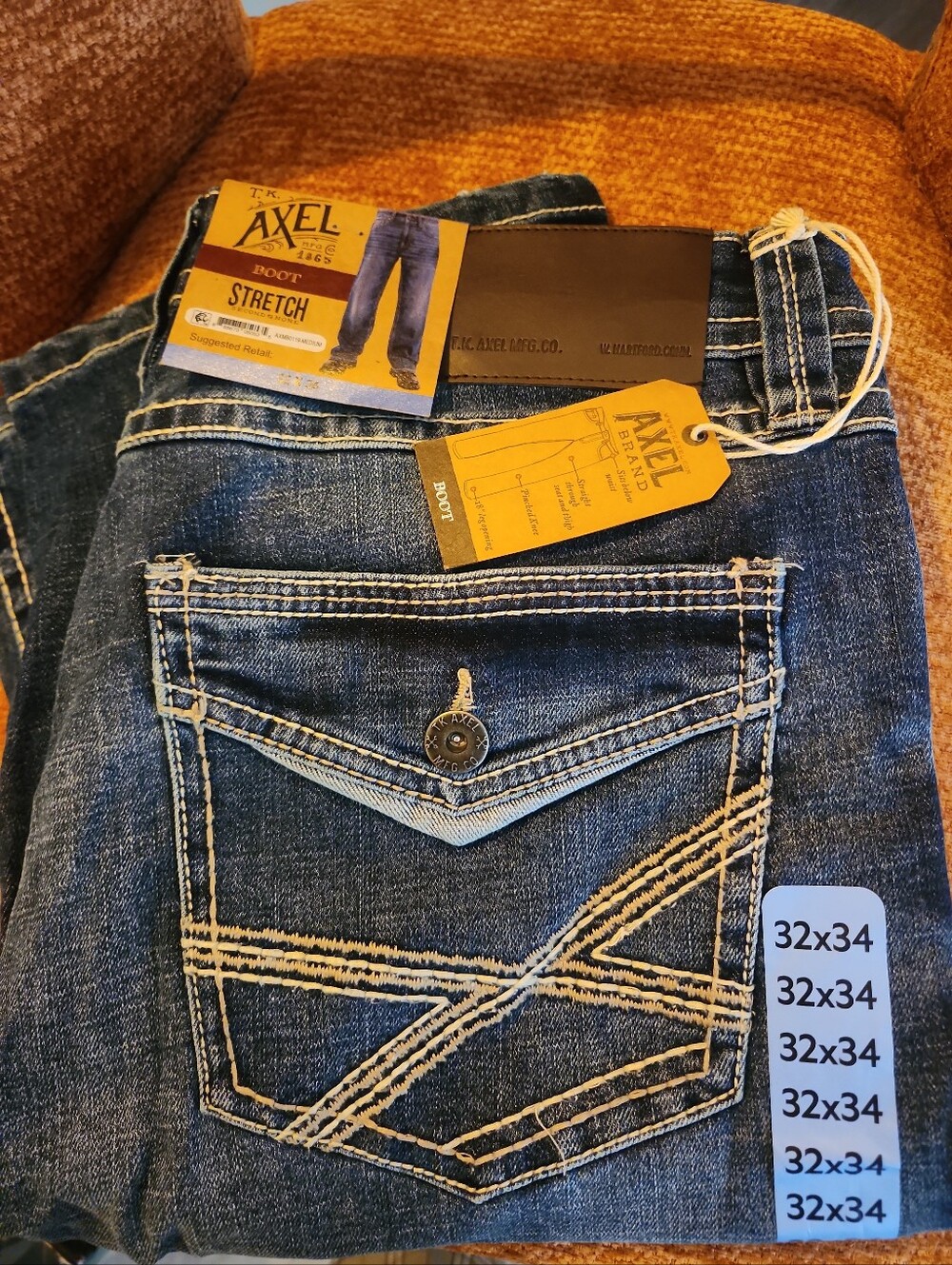 NWT Axel Mens Stretch Slim Bootcut Pocket Stitch 32x34 Jeans Cowboy Western